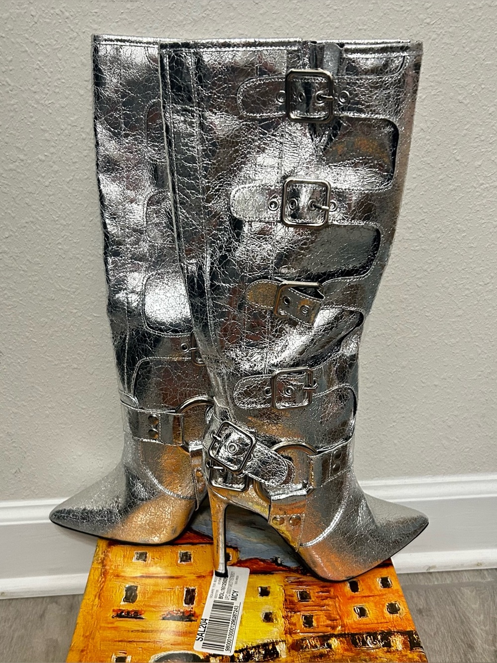 Metallic Silver Knee-High Buckle Stiletto Boots - Women Size 7